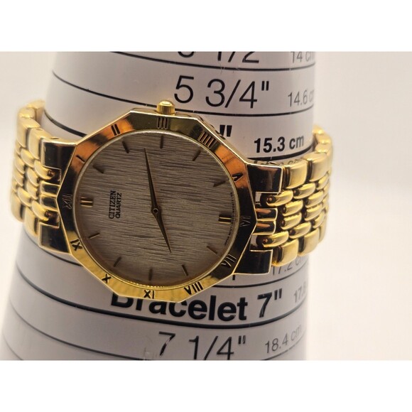 Citizen 6020-S50362 Decagon Japan Bark Dial Roman Numeral Bezel Gold Tone Watch main image 4